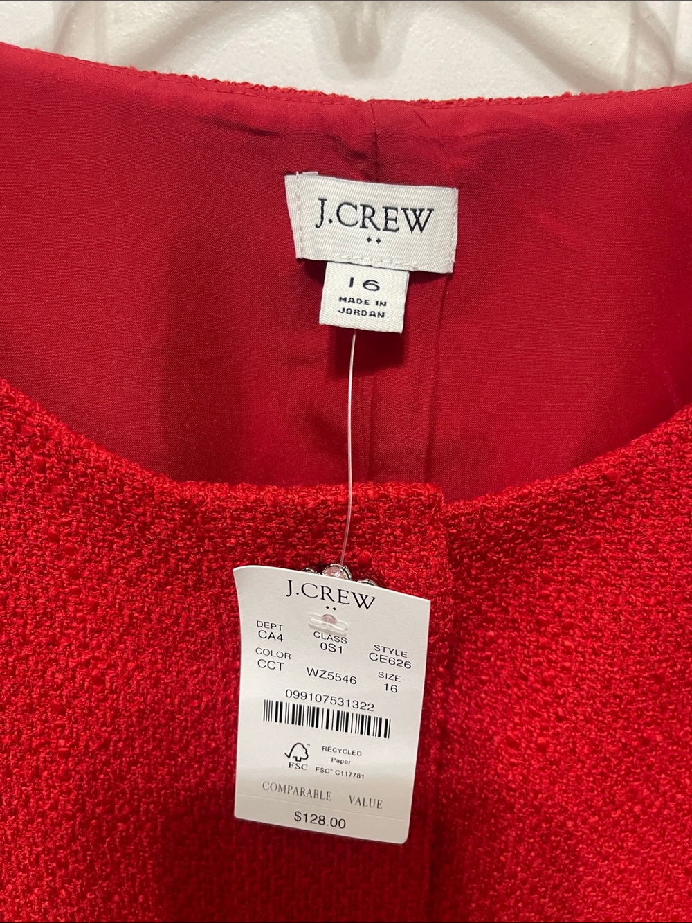 NWT $128 J. Crew Factory Red Cardinal Tweed Short Sleeve Dress Size 16 - Picture 6 of 9